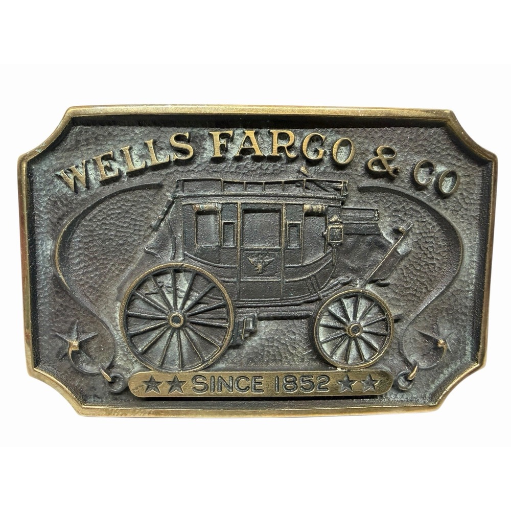 Vintage 1970s Wells Fargo Bank Stagecoach Brass Tone Heavy Belt Buckle Rare‎